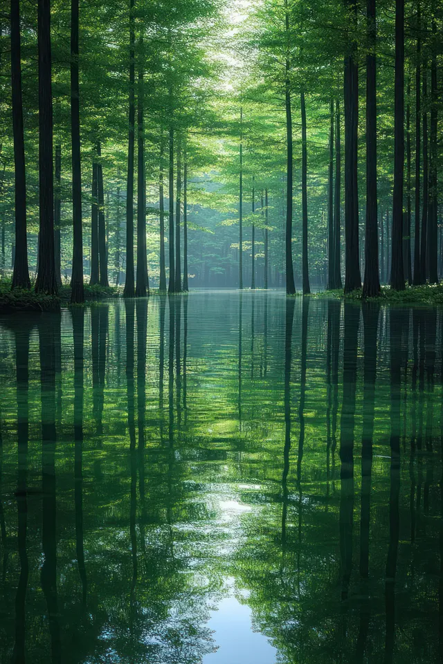 Misty lake water mirrors tall trees as sunlight filters through a green forest at dawn.