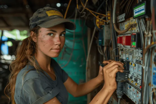A young woman technician tightens wiring inside a weathered electrical panel with tools and cables around her.