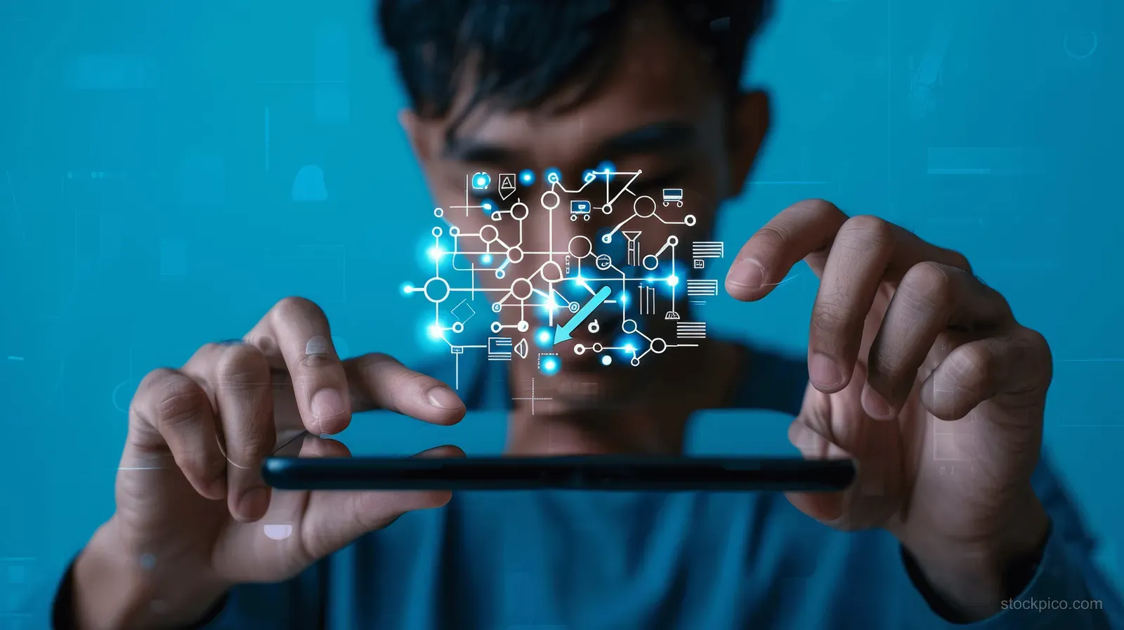 A man holds a tablet while glowing brain-interface network nodes connect across the screen against a blue background.