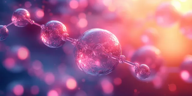 Glowing hexagonal molecular bonds with spherical atoms connected across a colorful blurred science lab background.