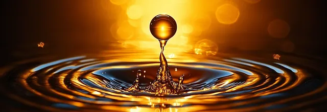 Water droplet splash on rippling surface with warm golden reflections and soft bokeh