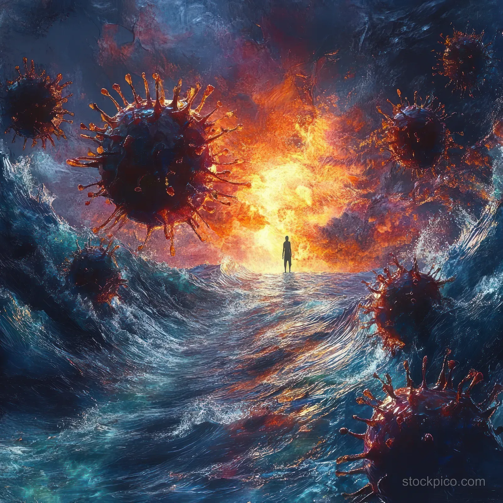 A lone silhouette stands in turbulent ocean waves while virus-like shapes glow through a fiery stormy sky.