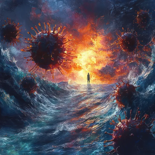 A lone silhouette stands in turbulent ocean waves while virus-like shapes glow through a fiery stormy sky.