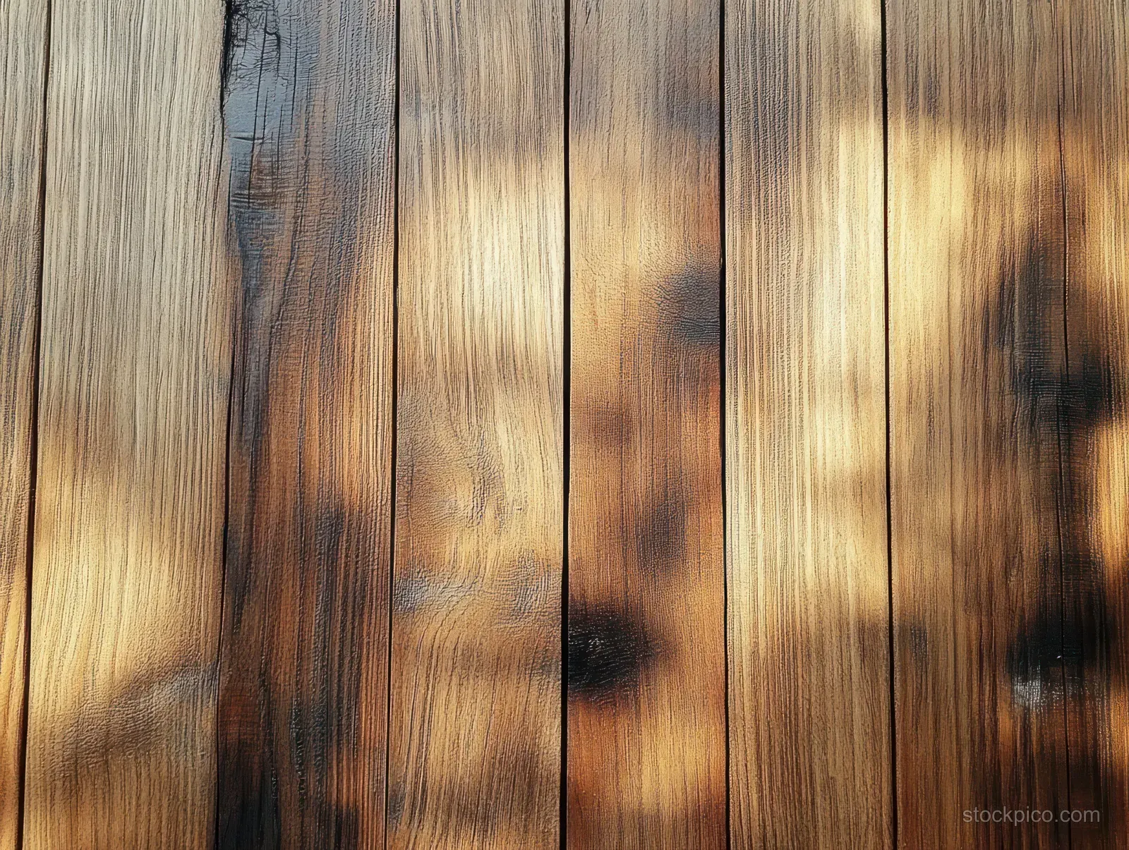 Close-up of vertically aligned wooden planks with warm sunlight and soft shadows across visible grain texture.