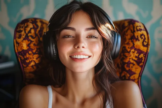 Smiling woman wearing over-ear headphones while seated in a patterned armchair with soft natural light.