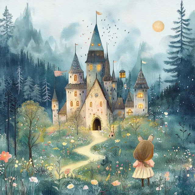A child walks toward a glowing fairytale castle along a winding path through misty forest and flowers.
