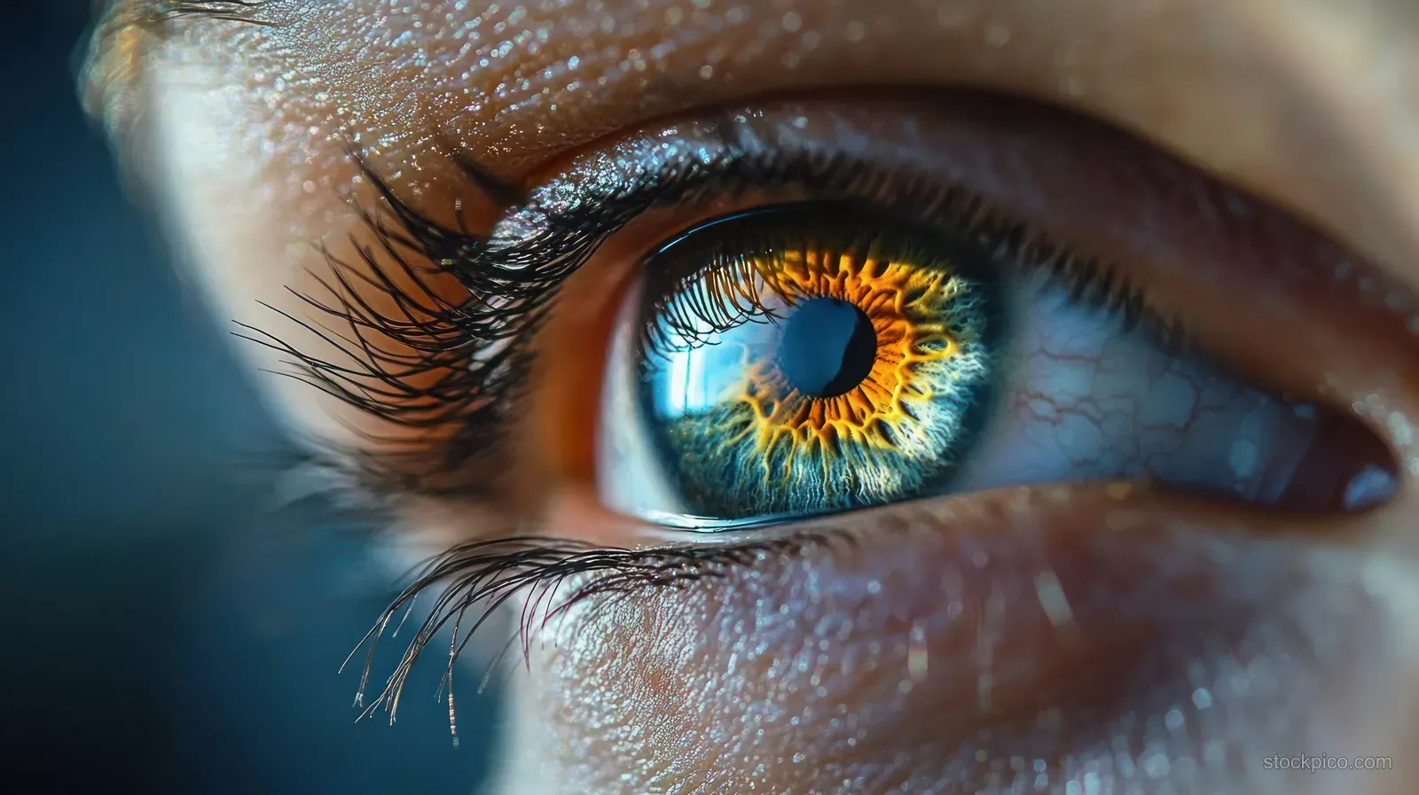 Extreme close-up of a human eye showing a blue iris with orange detail, long eyelashes, and bright light reflection.