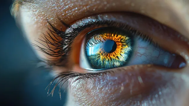 Extreme close-up of a human eye showing a blue iris with orange detail, long eyelashes, and bright light reflection.