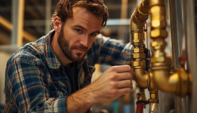 Focused technician tightening golden valves on a wall-mounted industrial pipe system.