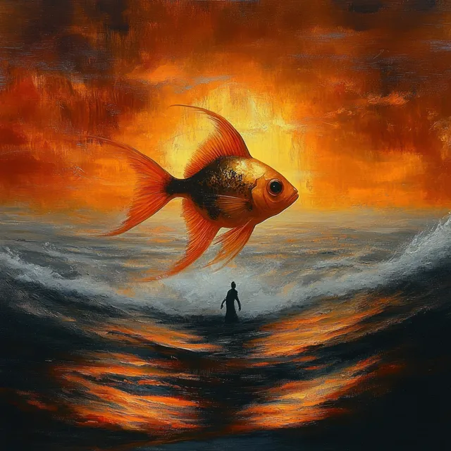A giant orange goldfish hovers over stormy waves while a lone silhouette stands in the dark water under a glowing sky.