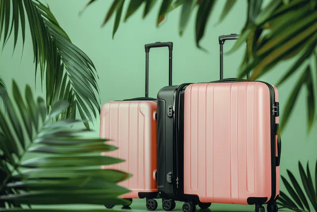 Pastel pink and black suitcase with palm leaves on green background, summer trip 3D render