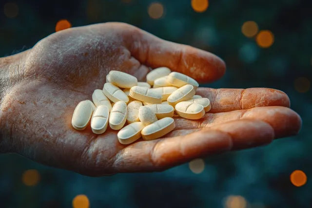 A weathered hand holds several white oval tablets against a warm blurred background with bokeh.