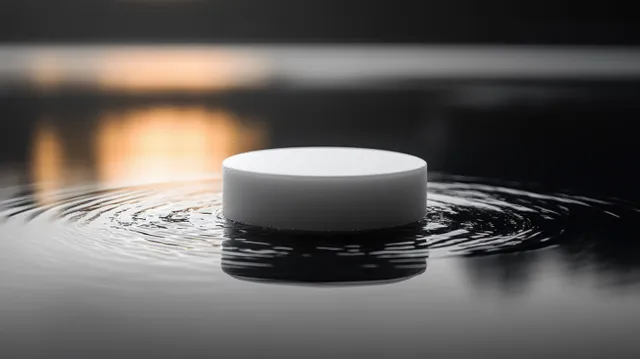 A macro dental crown model rests on a white surface with reflective black background and dramatic shadows.