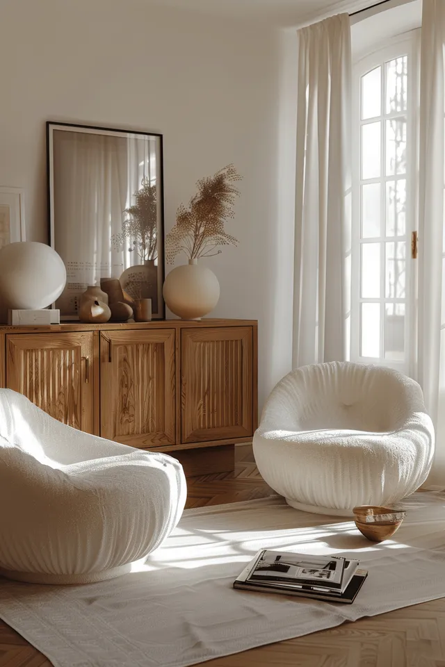 Bright minimalist living room with white armchairs and wooden sideboard by large window