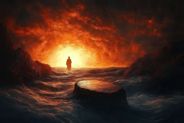 A lone silhouetted person stands in churning water toward a glowing orange light between dark rocky cliffs.