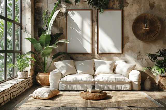 A beige sofa in a Japandi living room with a wooden coffee table, framed art, and indoor plants in sunlight.