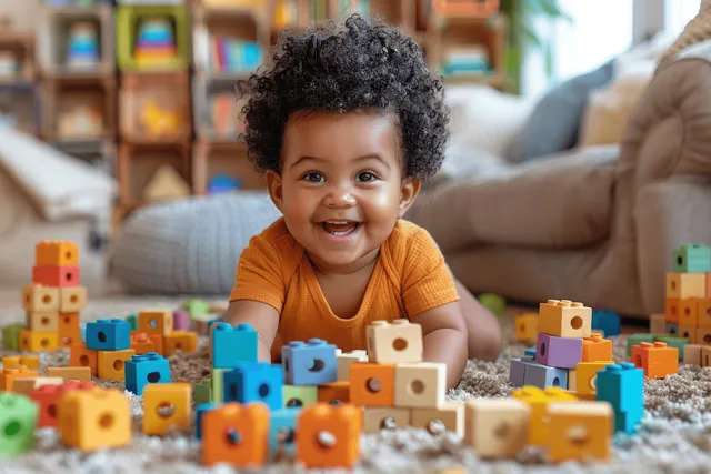 Smiling toddler building colorful block tower in cozy living room with toys