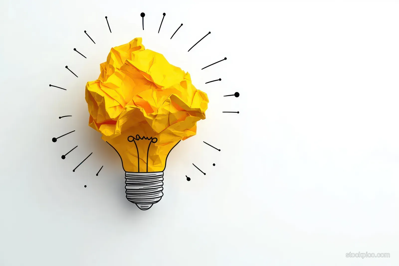 Yellow crumpled paper ball floats above a light bulb symbol with rays on a white background.