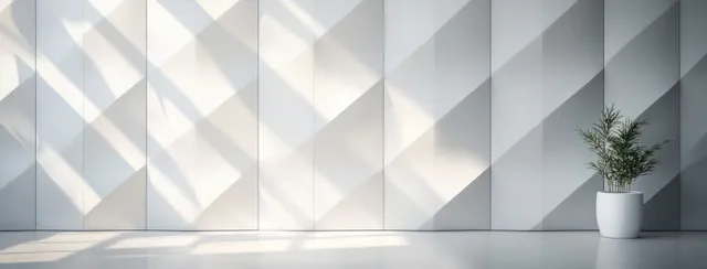 White geometric triangle wall panels create sharp shadows on a textured surface with a small potted plant nearby.