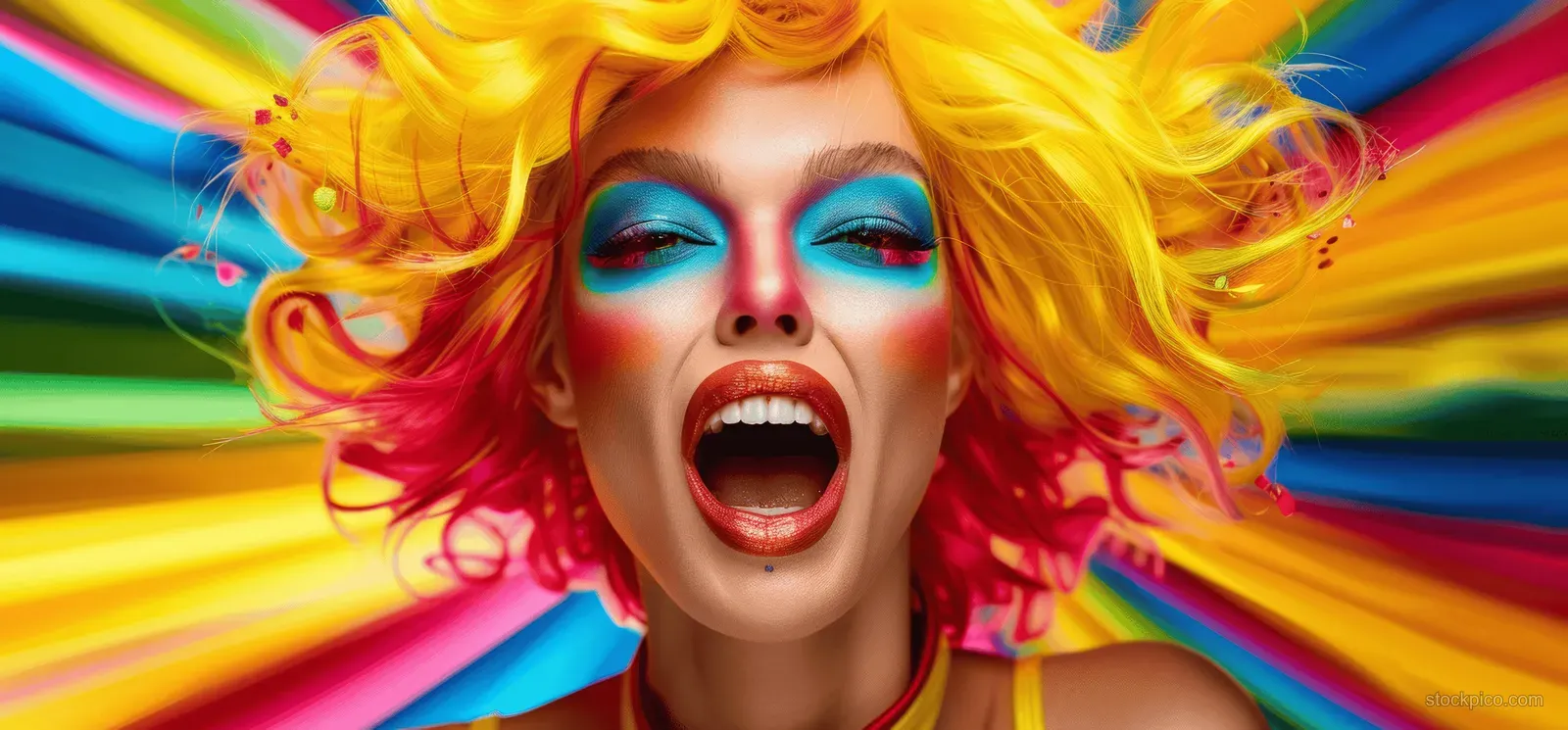 Smiling drag queen portrait wearing a bright yellow wig and colorful makeup before a rainbow motion-blur background.