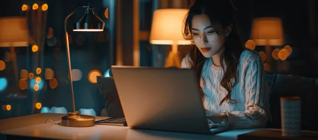 Young Asian businesswoman typing late at night at a cozy home office desk