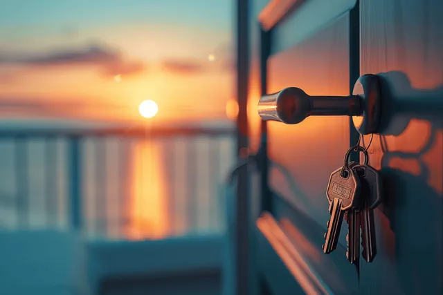 A hotel door key and lock are shown in the foreground with sunset light and an ocean horizon behind.