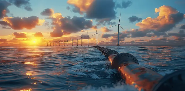 Sunset over the ocean with offshore wind turbines and a submerged pipeline creating reflections on rippling water.