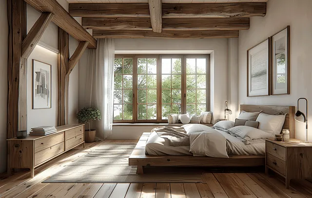 Rustic bedroom with wood floor and exposed beams, bright white walls and large window