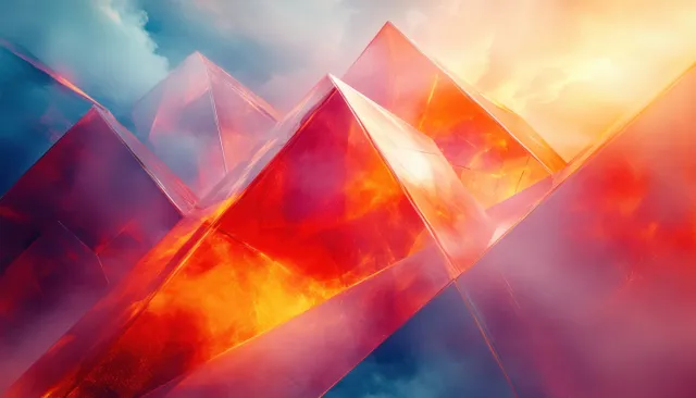 Geometric mountain shapes glow orange with misty blue shadows, forming a deep perspective abstract scene.