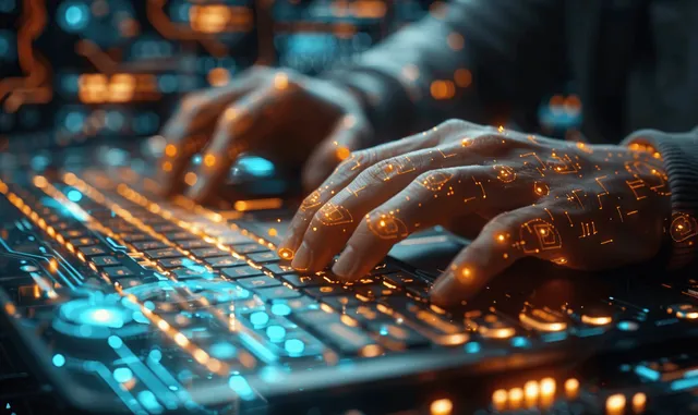 Hand typing with holographic glass interface, processing digital data visualization on keyboard