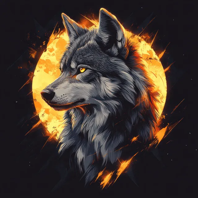 A gray wolf profile with glowing orange eyes looks left beside a fiery glowing full moon at night.