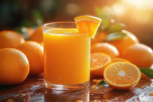Glass of orange juice with an orange slice on the rim, surrounded by ripe whole and halved oranges on a wooden table in sunlight.