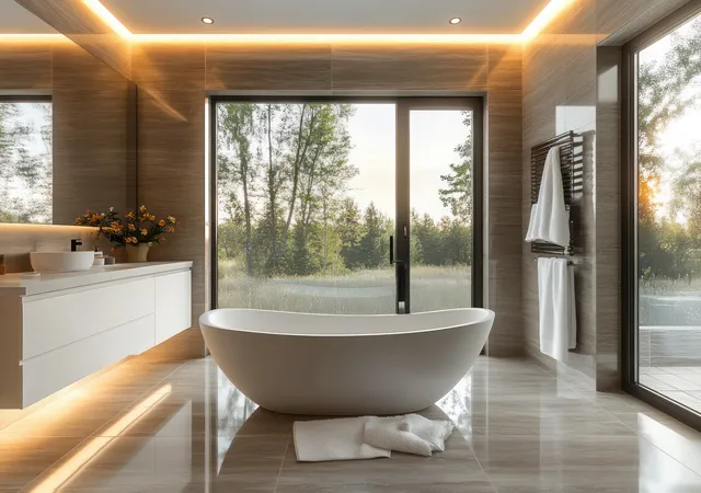 Freestanding bathtub sits in a bright minimalist bathroom beside large windows with warm ceiling lights.