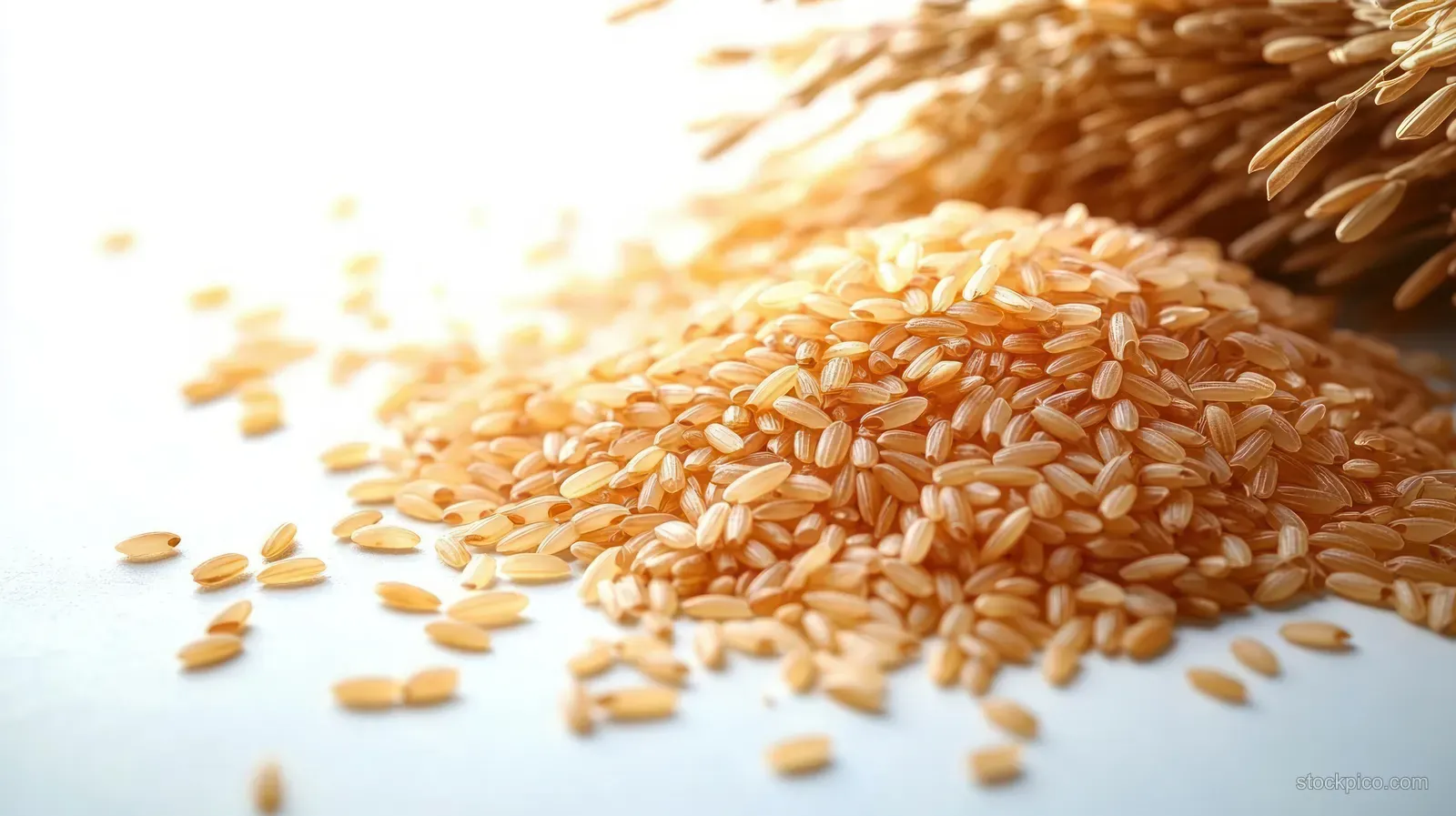 Golden brown rice grains piled and scattered on a white surface with blurred rice stalks in the background.