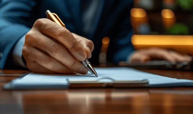 A businessman signs a contract document with a pen on a desk in a softly lit office.