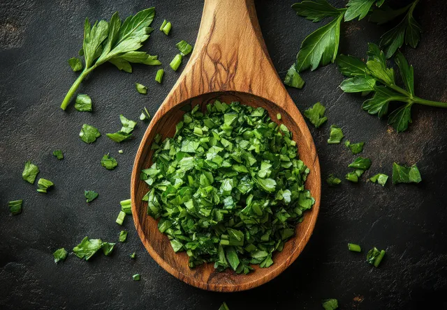 Chopped green herbs spilling from a wooden spoon onto a dark stone surface