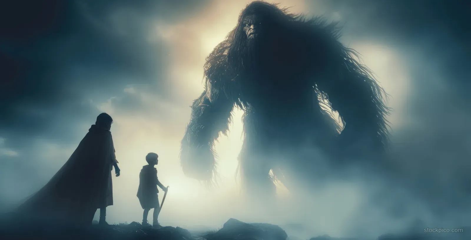 A small shepherd boy raises a slingshot while a giant warrior looms in foggy battlefield light.