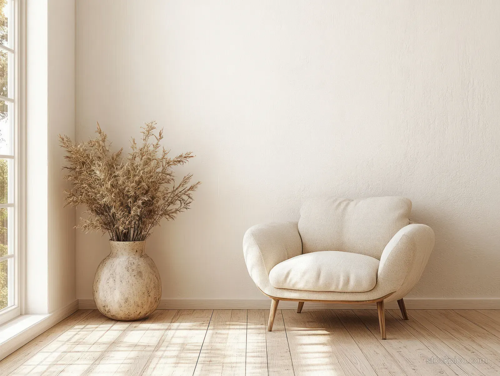 Beige linen armchair in a bright minimalist living room corner with pampas grass vase by the window.