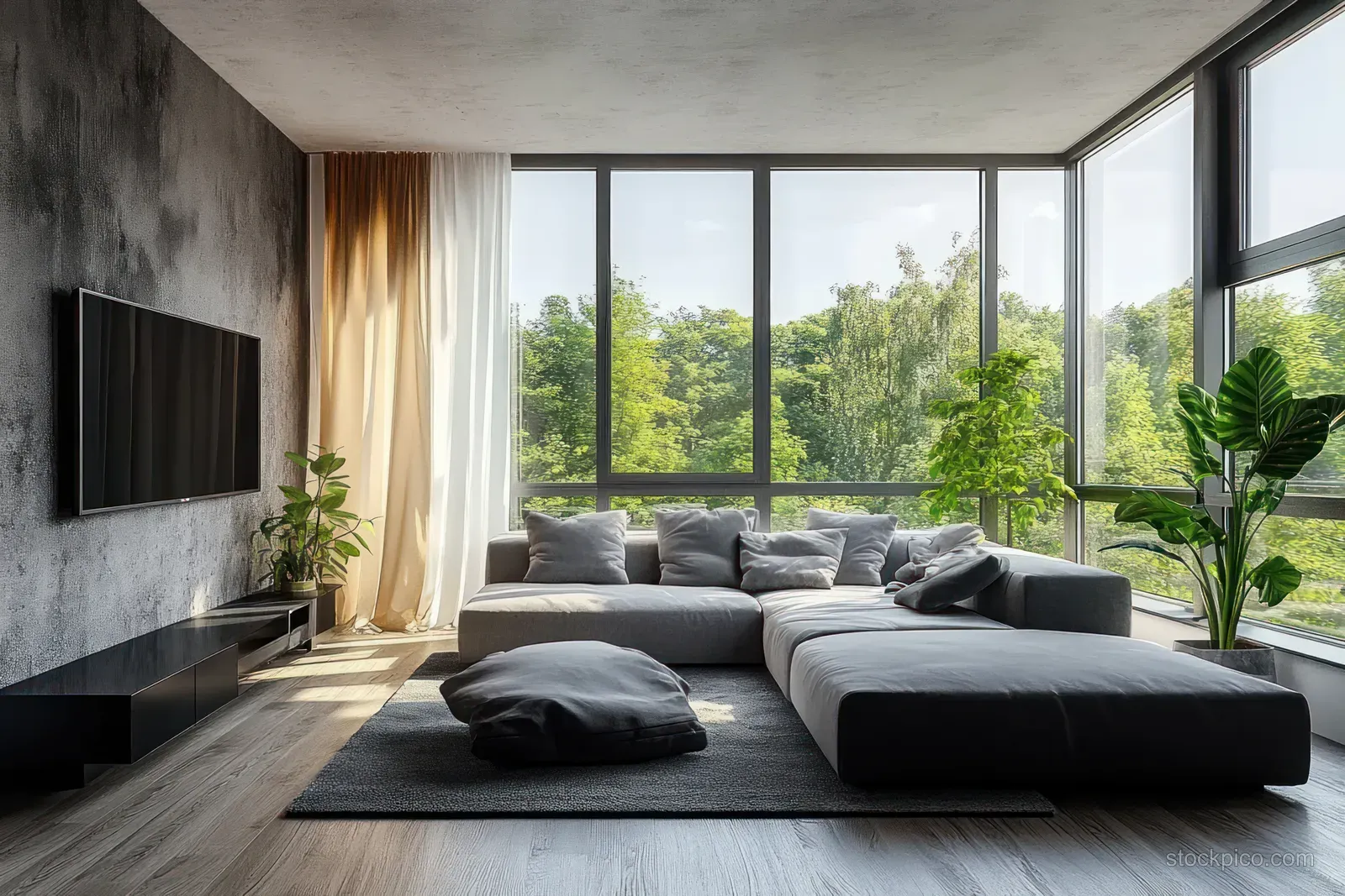 Minimalist living room with a gray sectional sofa facing floor-to-ceiling windows and soft natural light.