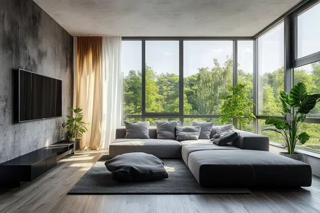 Minimalist living room with gray sectional sofa, large windows, and soft daylight