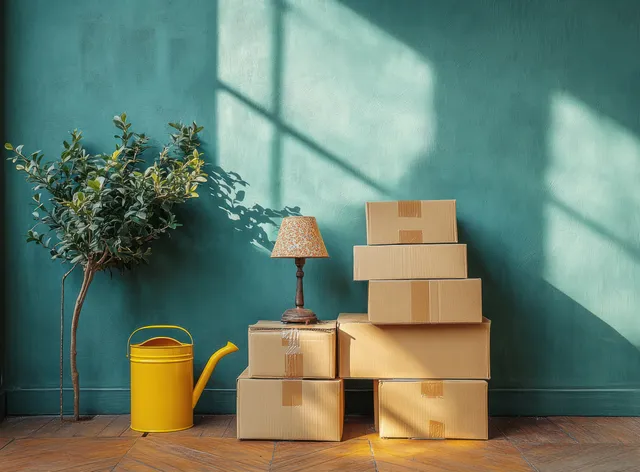 Stacked sealed cardboard boxes sit on a wooden floor next to a yellow watering can, potted plant, and vintage table lamp.