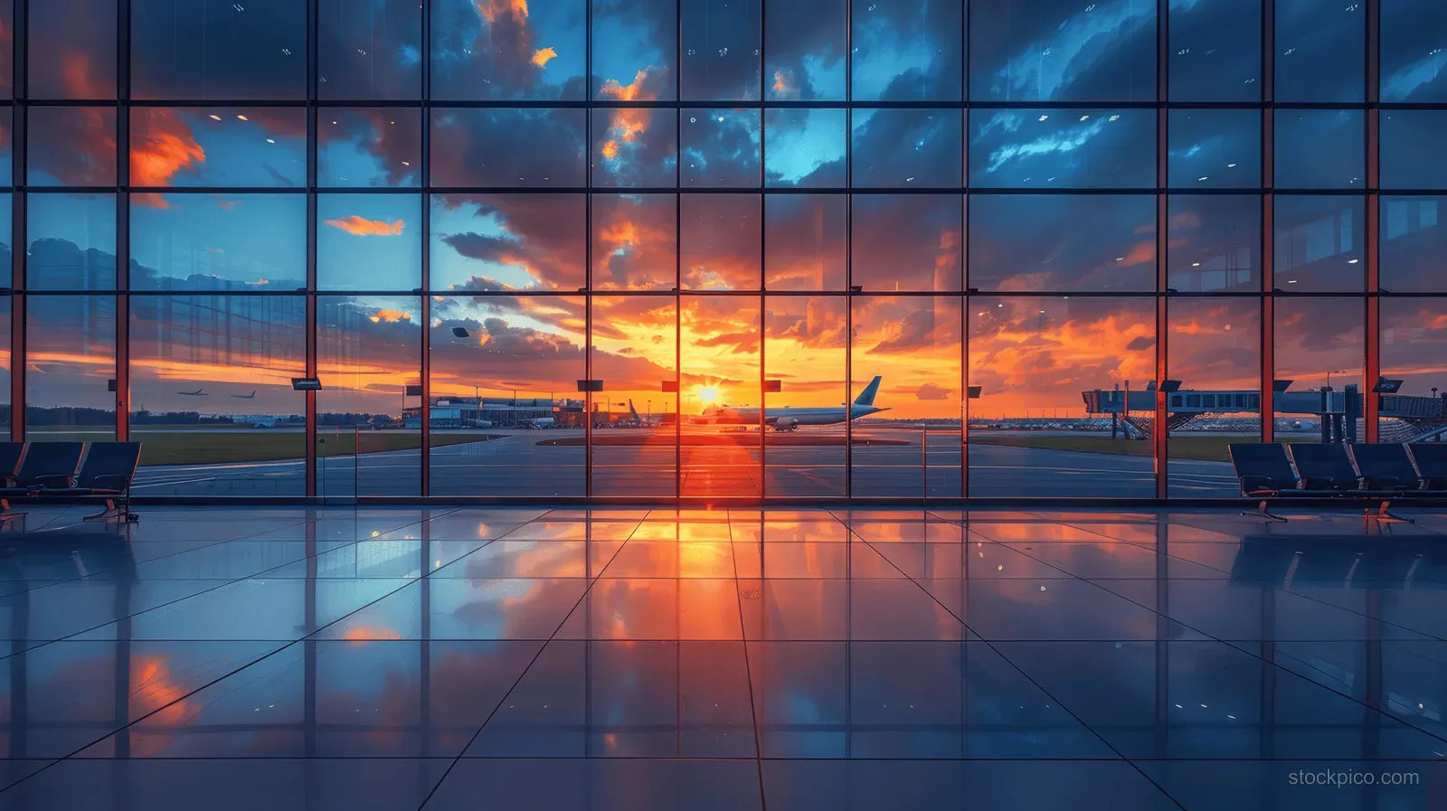 Airport terminal lounge with large windows reflecting a sunset runway and a parked airplane outside.