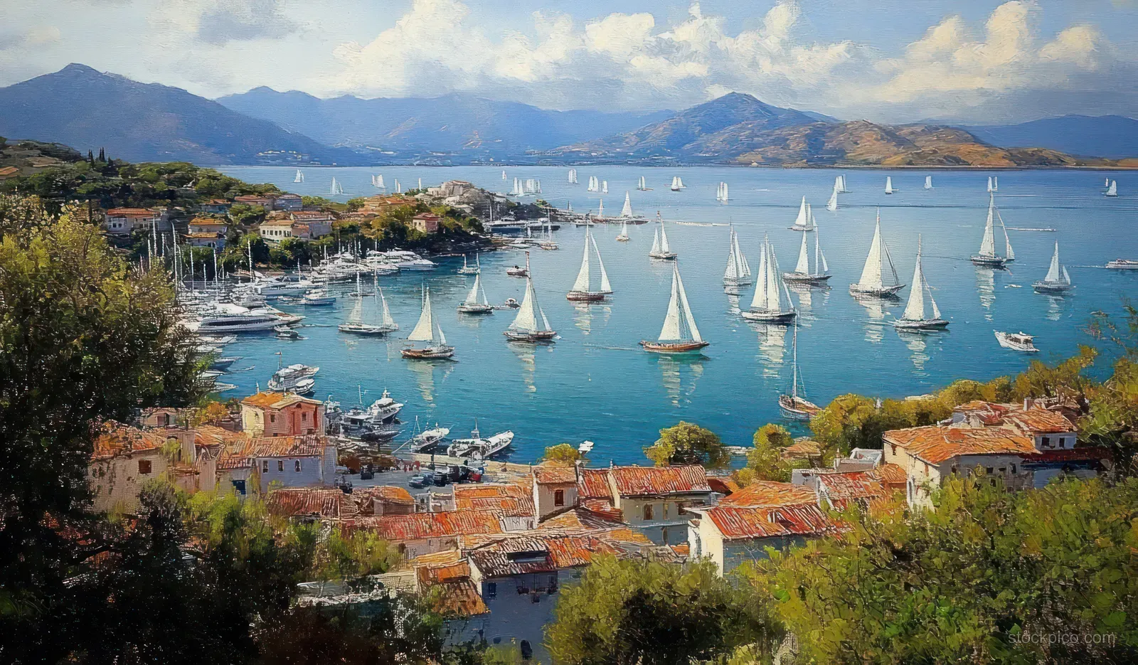 Sailboats fill a calm bay beside a coastal town with orange rooftops and distant mountains under partly cloudy skies.