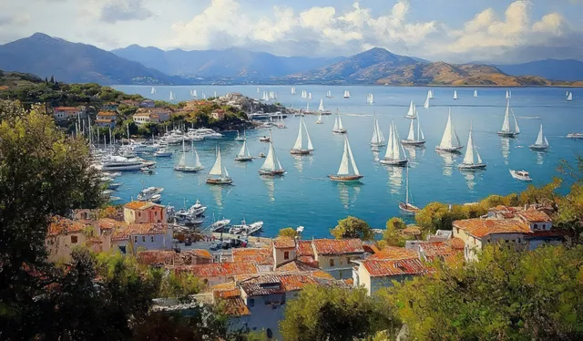 Sailboats fill a calm bay beside a coastal town with orange rooftops and distant mountains under partly cloudy skies.