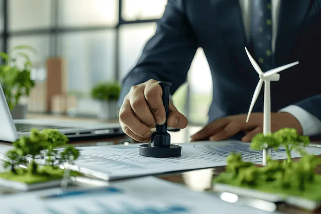 A businessman stamps an approval document on an eco-themed desk with a miniature wind turbine nearby.