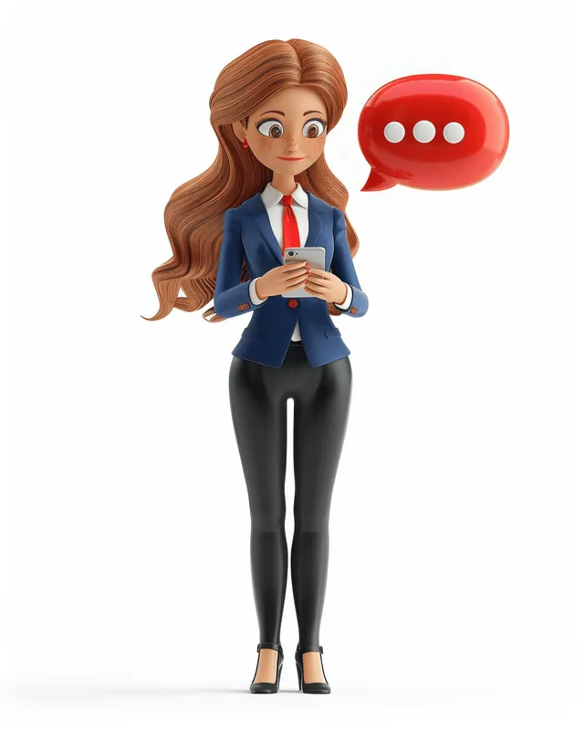 3D cartoon businesswoman in a blue suit holding a smartphone with a red speech bubble on a white background.