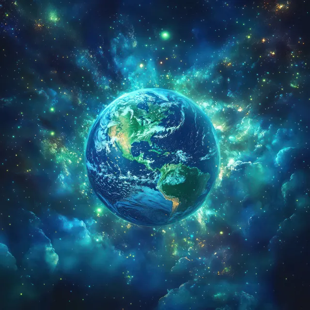 Earth centered in a glowing blue-green nebula with sparkling stars across deep space darkness.