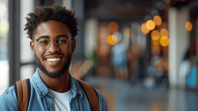 Cheerful young man with glasses holding a laptop against a deep blue background