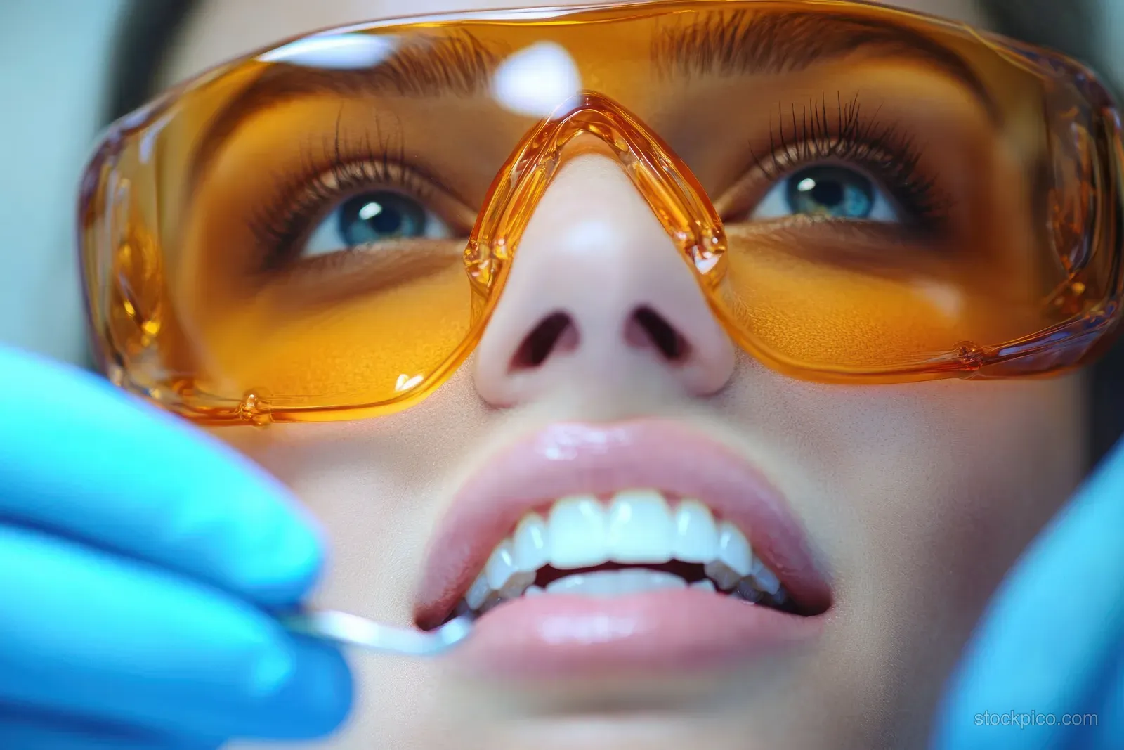 Orange protective glasses wearer with blue gloves holds a dental tool near an open mouth during a check-up.