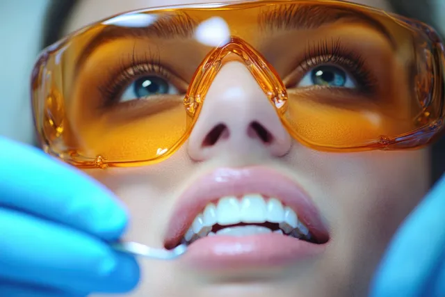 Dentist instrument checks open mouth closely through orange protective glasses with Focus On Oral Area
